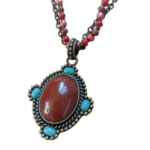Nina Ricci x Avon Necklace Pendant Red & Turquoise Brass Tone 2 Strand